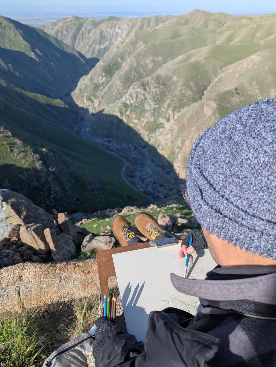 Artist Matthew Rangel drawing the Kern Canyon from the proposed trail